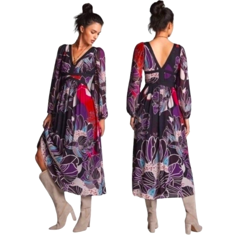 NWT ANTHROPOLOGIE Let Me Be Floral Midi Dress V-neck Long Sleeves Black Purple M